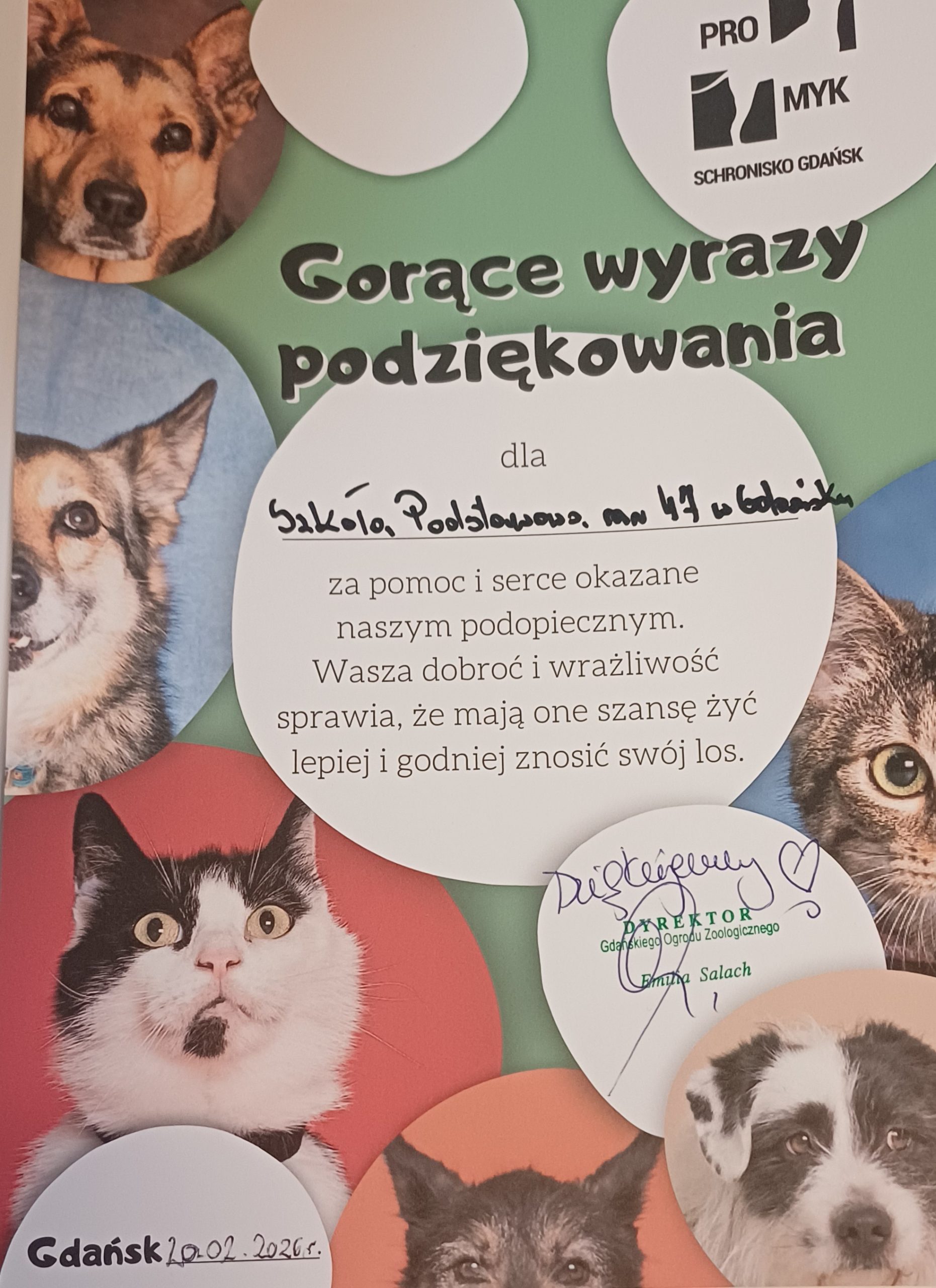 Podziękowanie dla „Szkoły Podstawowej nr 47 w Gdańsku za pomoc i serce okazane naszym podopiecznym