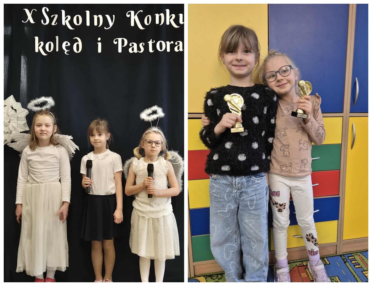 Połączone zdjęcie z dwóch ujęć: po lewej trzy dziewczynki przebrane za aniołki stoją z mikrofonami podczas konkursu kolęd; po prawej dwie dziewczynki stoją obok siebie w sali szkolnej, uśmiechają się i trzymają statuetki na tle kolorowych szafek.