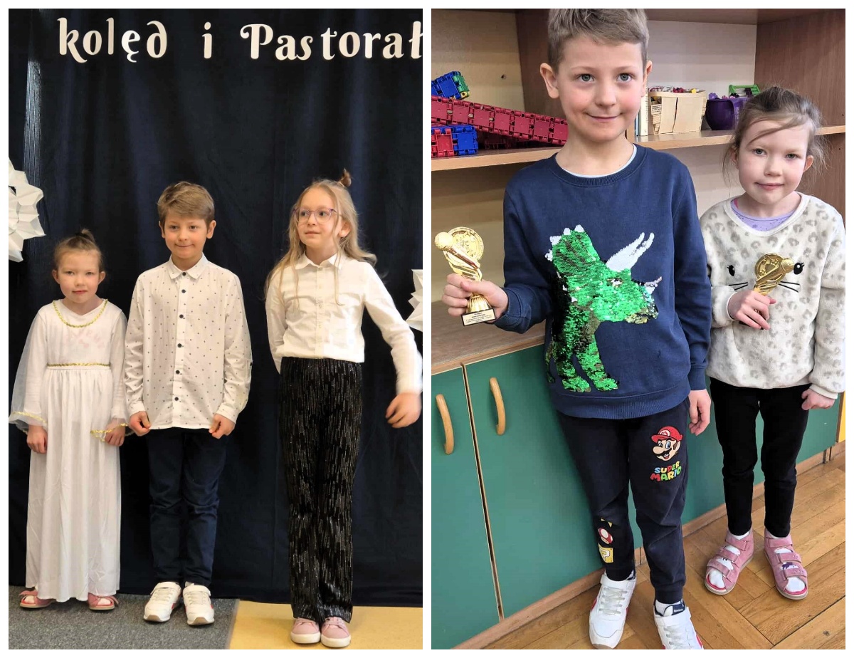 Połączone zdjęcie z dwóch ujęć: po lewej 3 dzieci ubrane odświętnie podczas konkursu kolęd; po prawej 2 dzieci stoi obok siebie w sali szkolnej, uśmiechają się i trzymają statuetki na tle kolorowych szafek.