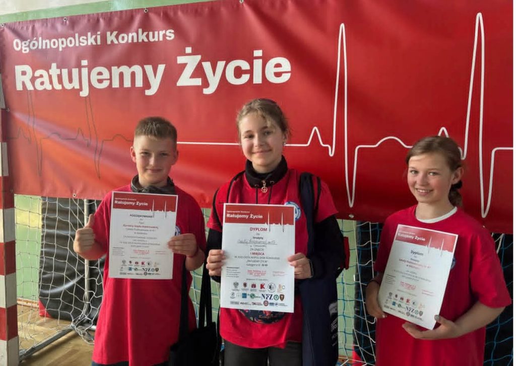 W sali gimnastycznej na tle plakatu Ogólnopolskiego Konkursu „Ratujemy Życie” stoją dwie uczennice i jeden uczeń SP 47 ubrani w czerwone koszulki reprezentacyjne. Z zadowoloną miną trzymają w dłoniach dyplomy.