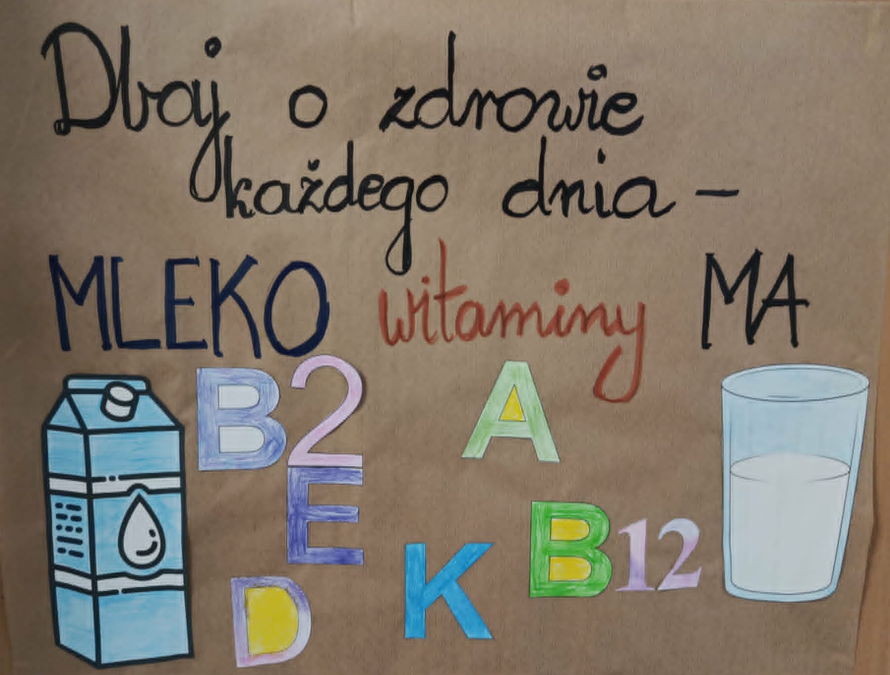 Plakat o mleku z wyszczególnionymi witaminami, które zawiera. Na plakacie rysunek z kartonikiem i szklanką mleka.
