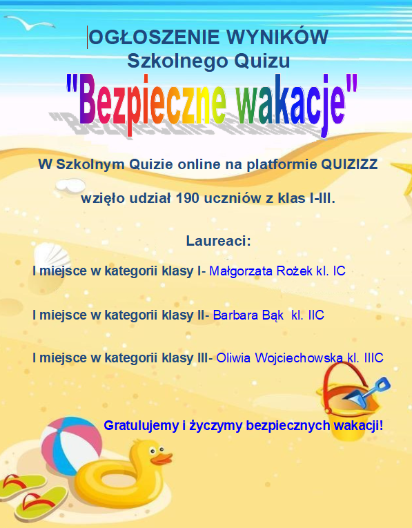 Na kolorowym tle przedstawiającym morską plażę i błękitne niebo zamieszczone zostało ogłoszenie wyników Szkolnego Quizu „Bezpieczne wakacje”