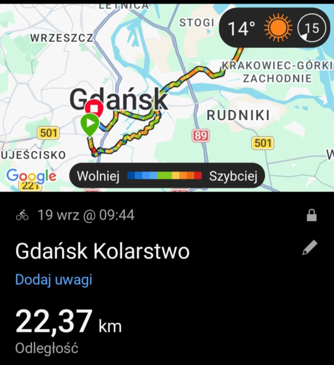 2. Zrzut ekranu z aplikacji rowerowej przedstawiający trasę przejazdu po Gdańsku. Na mapie widoczna jest pokonana trasa oznaczona kolorową linią oraz informacje o temperaturze 14°C. Poniżej widnieje nazwa przejazdu „Gdańsk Kolarstwo” i dystans 22,37 km.