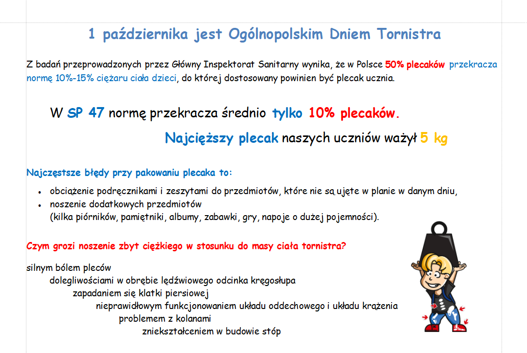 Na jasnym tle kartki zapisane są informacje dotyczące Ogólnopolskiego Dnia Tornistra. W tle grafika przedstawiająca chłopca unoszącego duży ciężar.