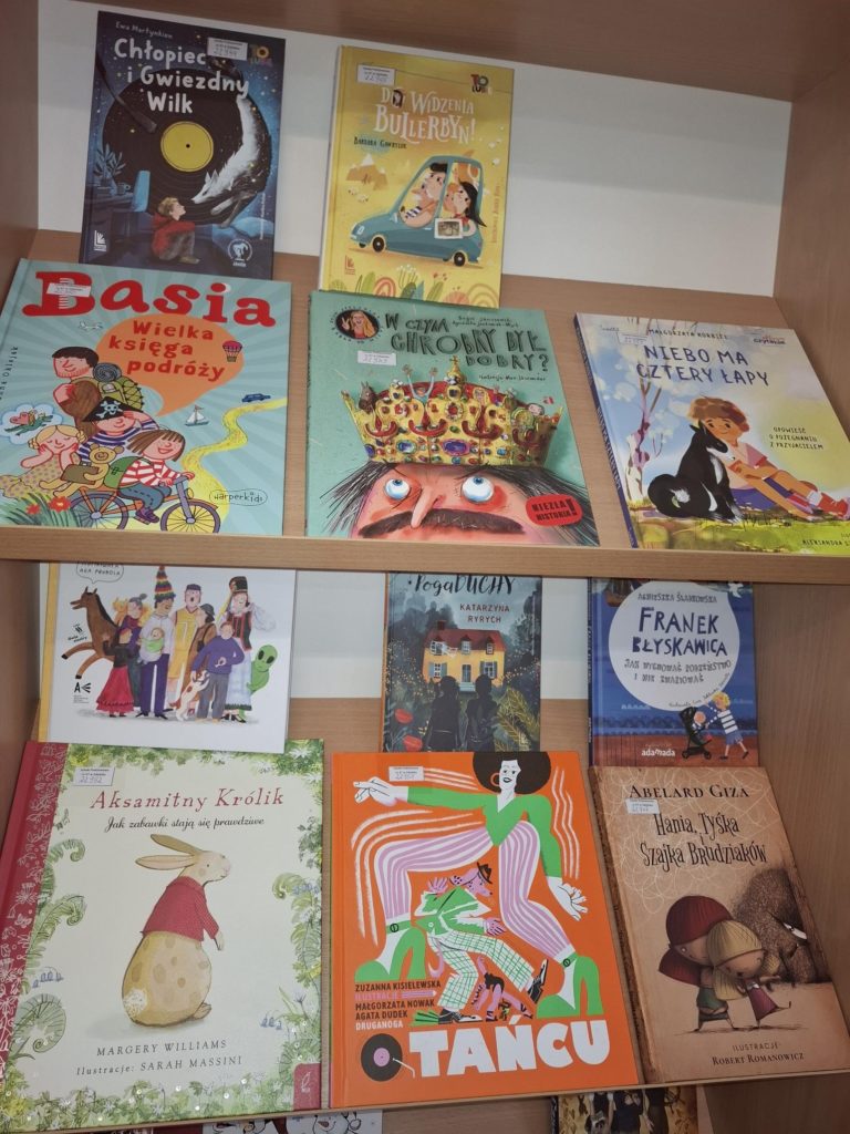 Fotografia okładek książek ułożonych na witrynie bibliotecznej w sektorze nowości.