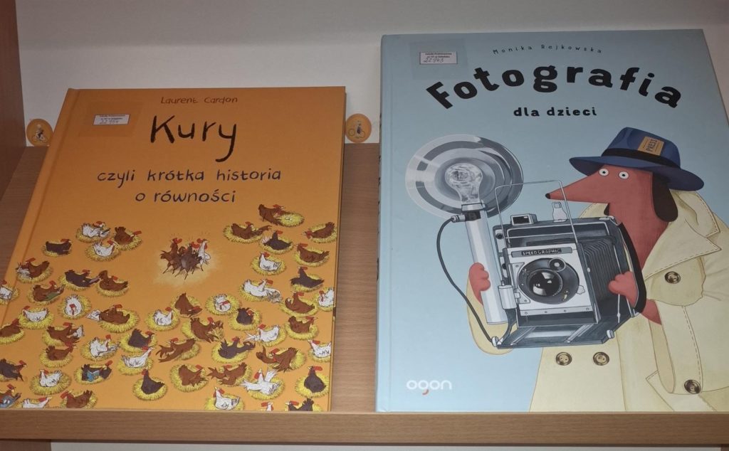 Fotografia okładek książek ułożonych na witrynie bibliotecznej w sektorze nowości.